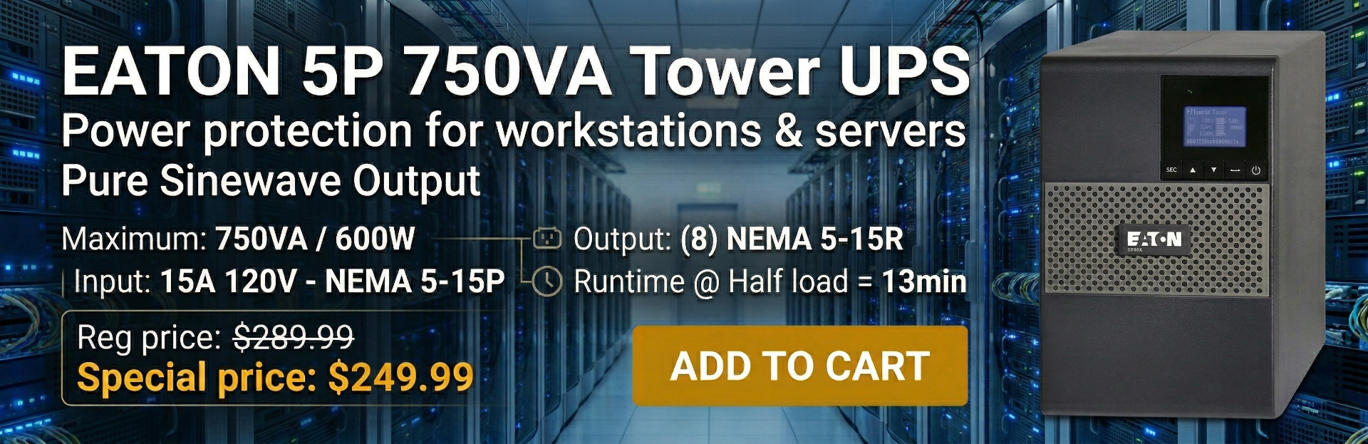 Eaton 5P UPS Tower 750VA 600W 15A 120V Outputs:(8)5-15R, 5P750 - Refurbished